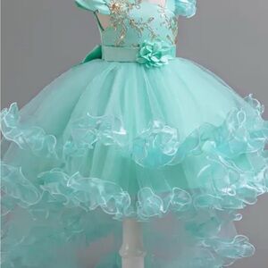 Handmade Aqua Dress with Ruffles $Floral Accents.light green